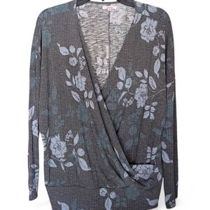 EUC‎ Maurices Women's L Gray Blue Floral Knit Wrap Long Sleeve Office Blouse Top